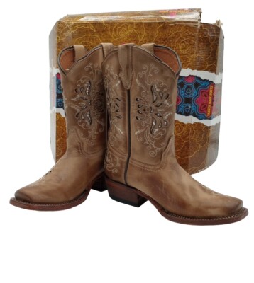 Tanner Mark Girls Pull-On Burnished Sand Butterfly Inlay Western Boots Sz US 12