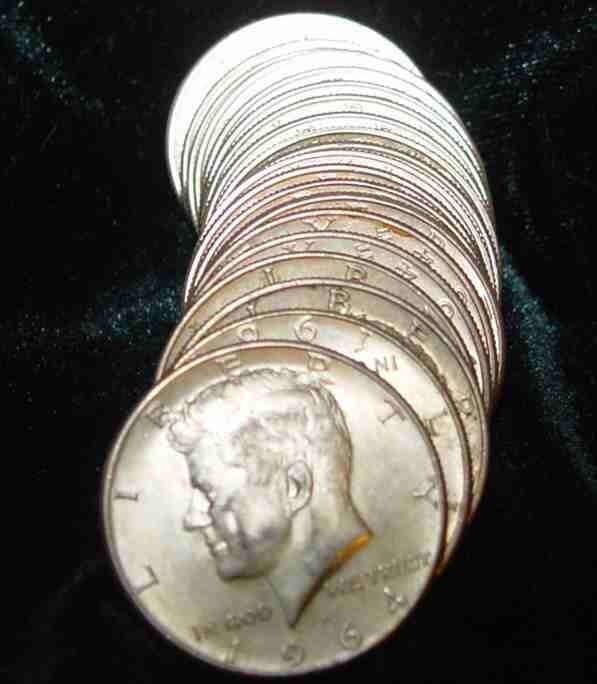 90% SILVER 1964 KENNEDY HALF DOLLARS ROLL OF 20 = 7.15 ozs $10
