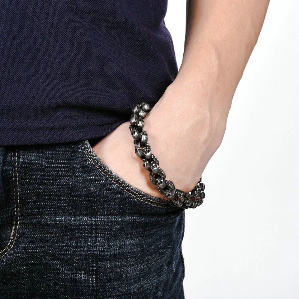 Brazalete de cadena de eslabones de calavera de acero inoxidable premium para hombre Gunmetal retro metal antiguo Foto 4 de 4