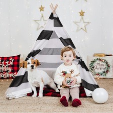 Large Striped Kids Teepee Portable Canvas Tent Foldable Playhouse Indoor Outdoor