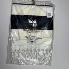 DKNY Beanie and Scarf Set Ivory White Winter Knit Fringe