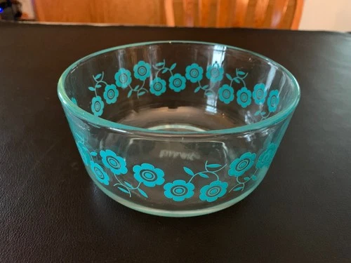Pyrex 7201 Clear Glass Bowl 1 Qt (950ml) Teal Flowers- USA Made -No Lid