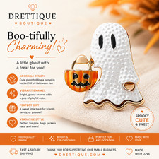 White Halloween Ghost holding Pumpkin Head Bag Brooch