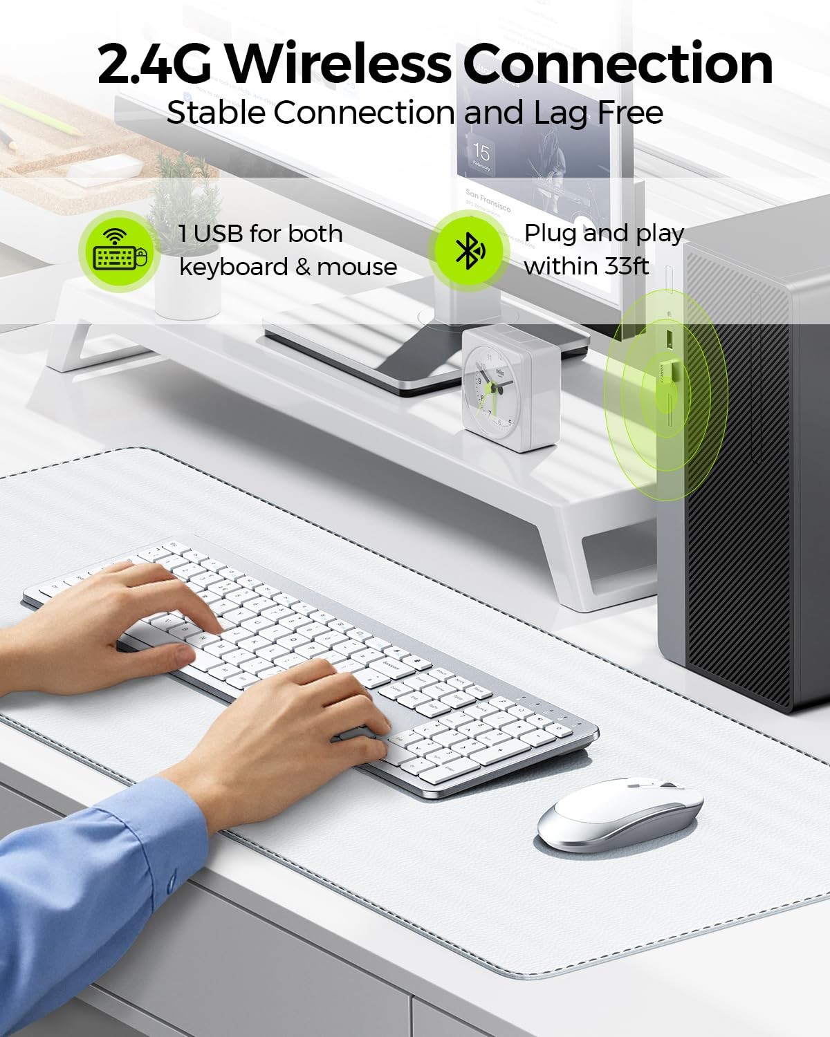 Wireless Keyboard and Mouse Combo Full Size Slim Thin Numeric Keypad Silver