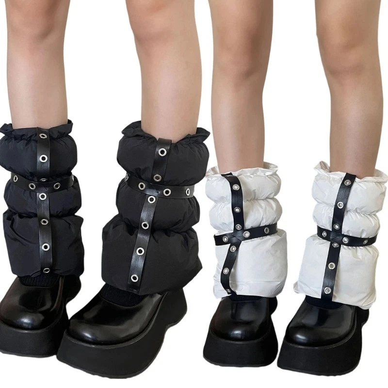 Women Puffer Leg Warmers Harajuku Eyelets Straps Split Padded Boot Covers Socks