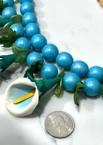 Vintage Halskette Perlen blau Statement Trompete Blume Lilie Statement Floral - Bild 10 von 16