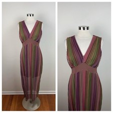 C Est. 1946 Brown Pink Green Purple Stripe Mesh Sheer V Neck Dress New Women