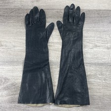 Vintage 1960s-1970s Women Kid Leather Black Gloves Above Elbow Size 7