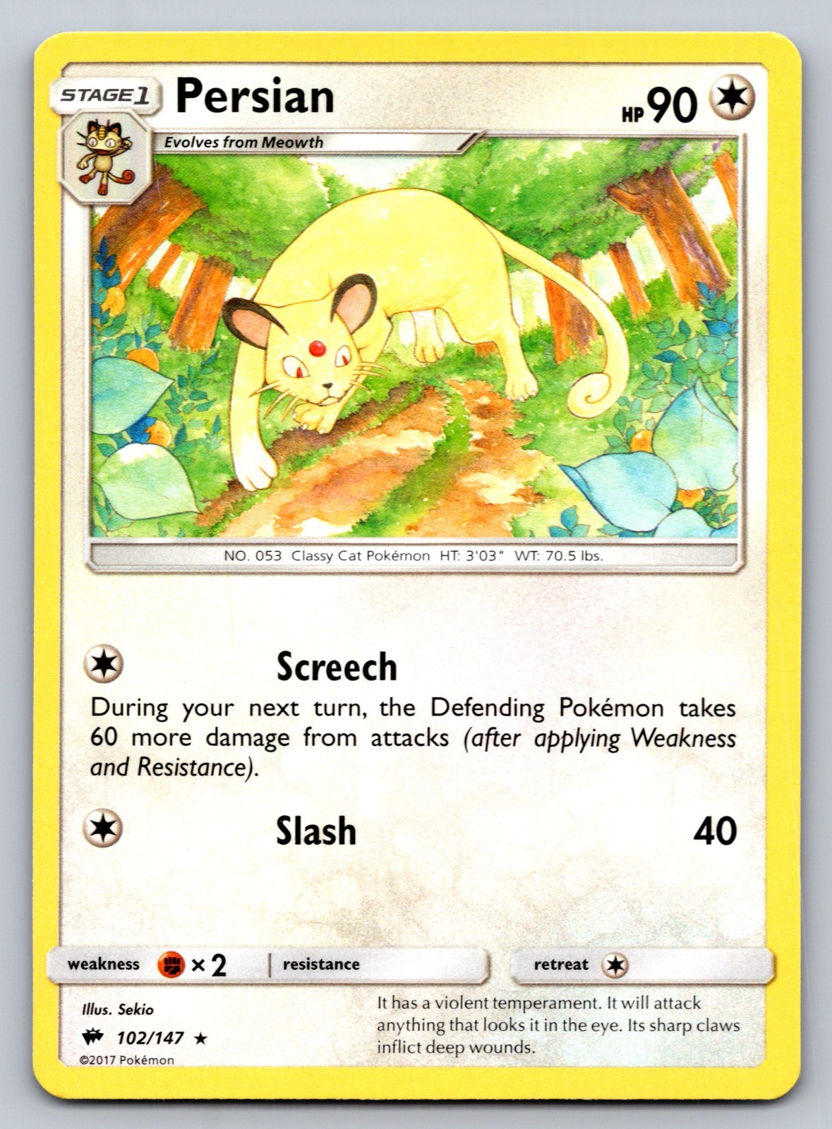 2017 Persian 102/147 Rare Pokemon Card Burning Shadows Regular LP