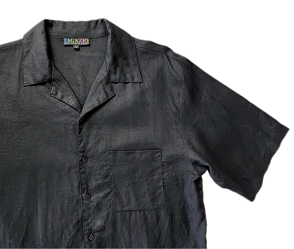 VTG Bagazio Men's Large 100% Linen Black Short Sleeve Button Up Shirt Y2K EUC