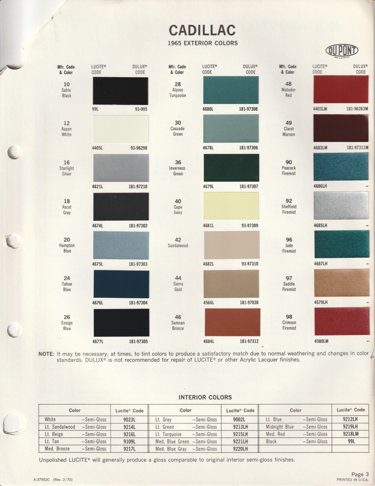 1965 CHEVROLET PONTIAC OLDSMOBILE BUICK CORVETTE CADILLAC PAINT CHIPS (DUPONT)