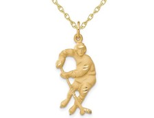 14K Yellow Gold Hockey Player with Stick & Puck Charm Pendant Necklace with Chai