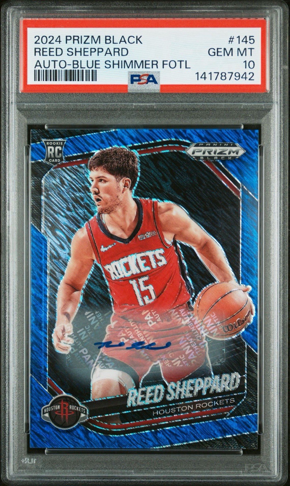 2024-25 Panini Prizm Black Reed Sheppard Blue Shimmer Rookie Auto /25 PSA 10 GEM