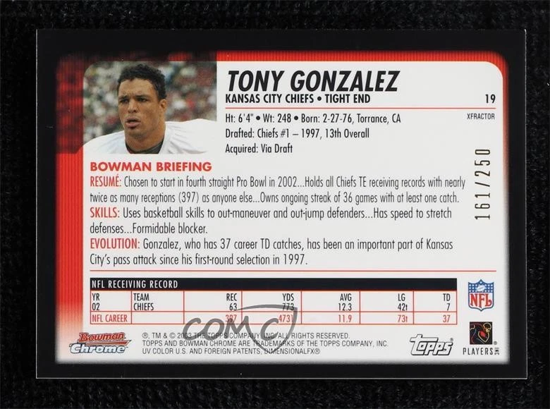 2003 Bowman Chrome X-Fractor 161/250 Tony Gonzalez #19 HOF - Image 2 of 3