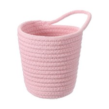 Pink Small Cotton Rope Woven Storage Basket Round with Handle 5.6x5.6"