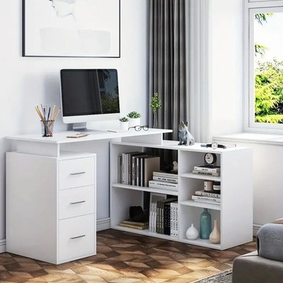 L Shaped Desk, Large  for Study with 3 Drawers and 5 Shelves, 129 x 104 x 76 cm