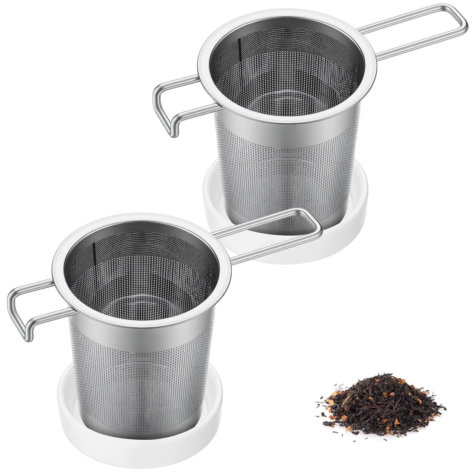 2 Pack Extra Fine Tea Infuser with Ceramic Dish Set Stainless Steel Loose Lea...