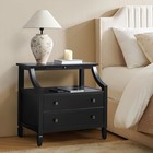 Modern Black Bedside Table with 2 Drawers & Open Shelf, Solid Wood Legs