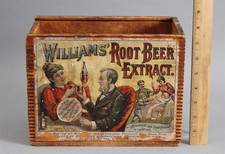 Antique WILLIAMS ROOT BEER Glass Extract Bottle Advertising Wood Crate Box Sign