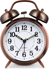 Heavy Sleeper Alarm Clock, Metal Twin Bell, Silent Non-Ticking, Red Brown