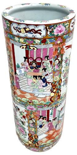 1970s Chinese Heavy Porcelain Famille Rose Tall Umbrella Stand 23.5"