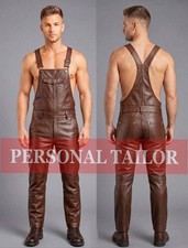 Men's Real Brown Lambskin Leather Bib Overall Dungaree Jumpsuit Utility Uniform