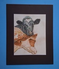 11" x 14" Black Matted 8" x 10" Print of Painting of 2 Cows Calves Steers Bulls