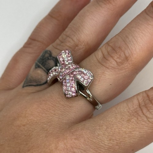 Stainless Steel Bow Ring Sz 8.25 Pave Crystal Rhinestone Ribbon Fashion Jewelry - Picture 2 of 7