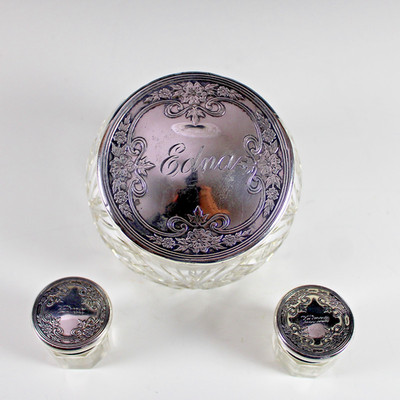 Antique Crystal F & B Powder Jar Set with Sterling Silver Lids