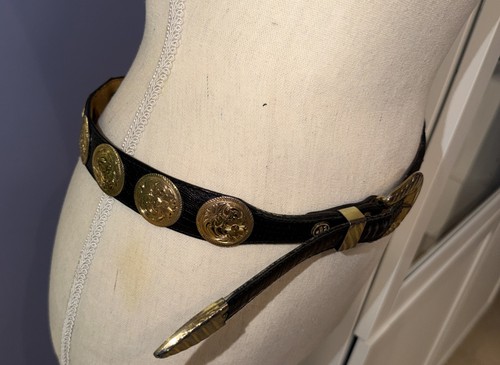 Vintage A.L. Beres USA Western Concho Belt Black Leather German Silver Gold Tone