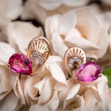 2.00Ct Pear Cut Lab Created Pink Ruby Stud Women's Earring 14K Rose Gold Plated