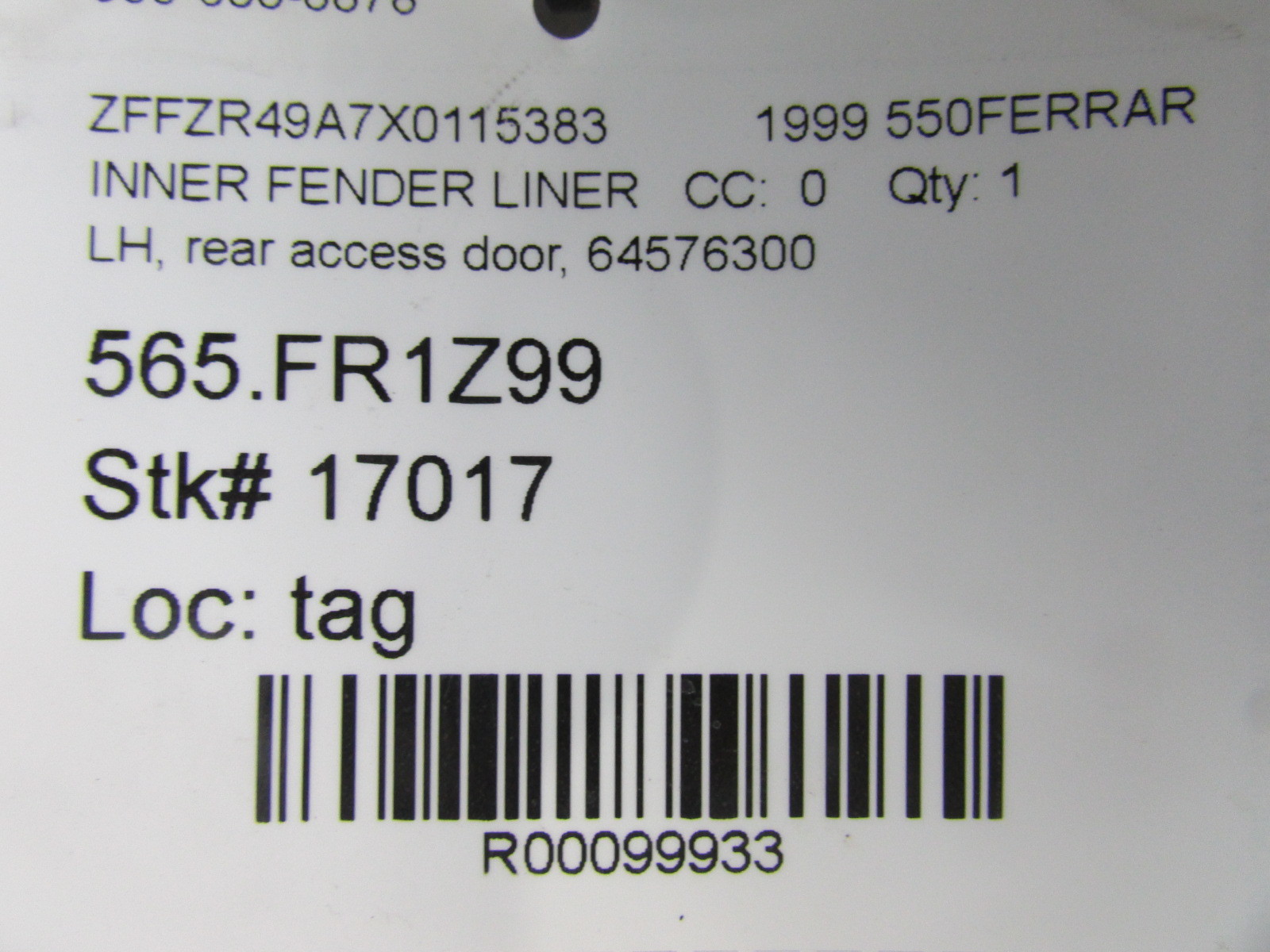 Ferrari 550, LH, Left Rear Center Section, Fender Liner, Used, P/N 64576300