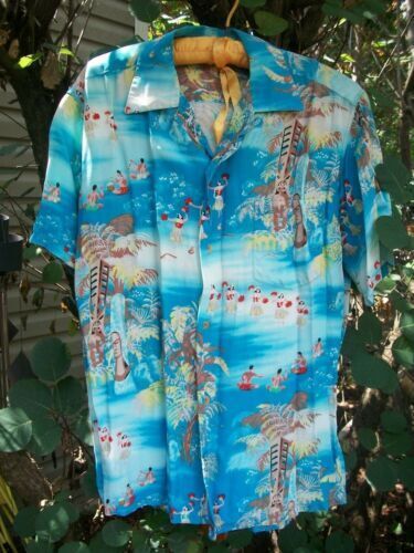 1980’S HUTSPAH MADE IN USA RAYON PALM TREES HAWAIIAN S/S SHIRT SMALL