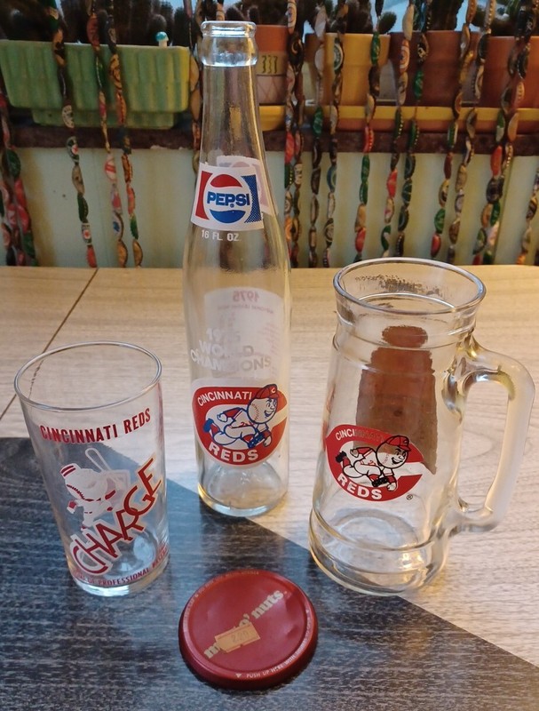 Vtg 70s Cincinnati Reds Baseball Souvenir Glass Lot 3 Pepsi Mug O Nuts Tresler..