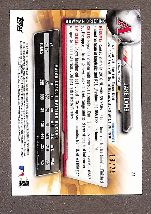 2017 Bowman #71 Jake Lamb Rookie Orange Parallel SP #/25 - Diamondbacks - Image 2 of 3