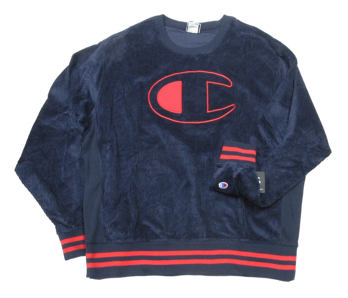Champion Men's Navy Embroidered Logo Corduroy Crew-Neck Pullover