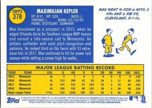 2019 Topps Heritage - Max Kepler #378 - Picture 2 of 2
