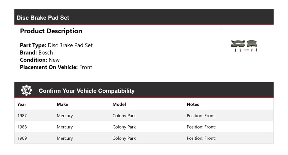 Pastillas de freno semimetálicas con delantera HD para Mercury Colony Park Bosch 1987-1989 Foto 2 de 4