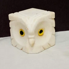 Salt Stone Vintage White Owl  Head Square 2" Yellow Eyes Bird Figurine