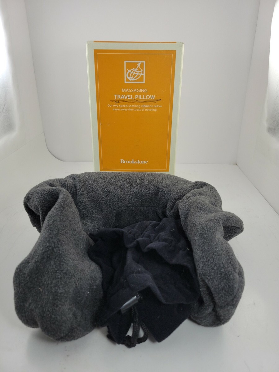 Brookstone Massaging Inflatable Travel Pillow Massage Neck Lumbar Gray  Fleece
