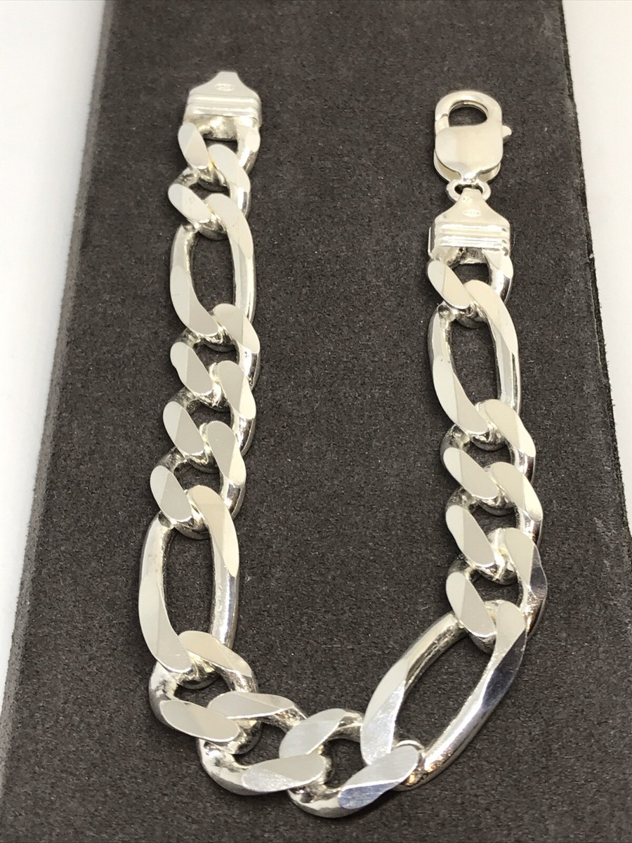 925 Sterling Silver Solid 11 mm Width Men FIGARO CHAIN BRACELET