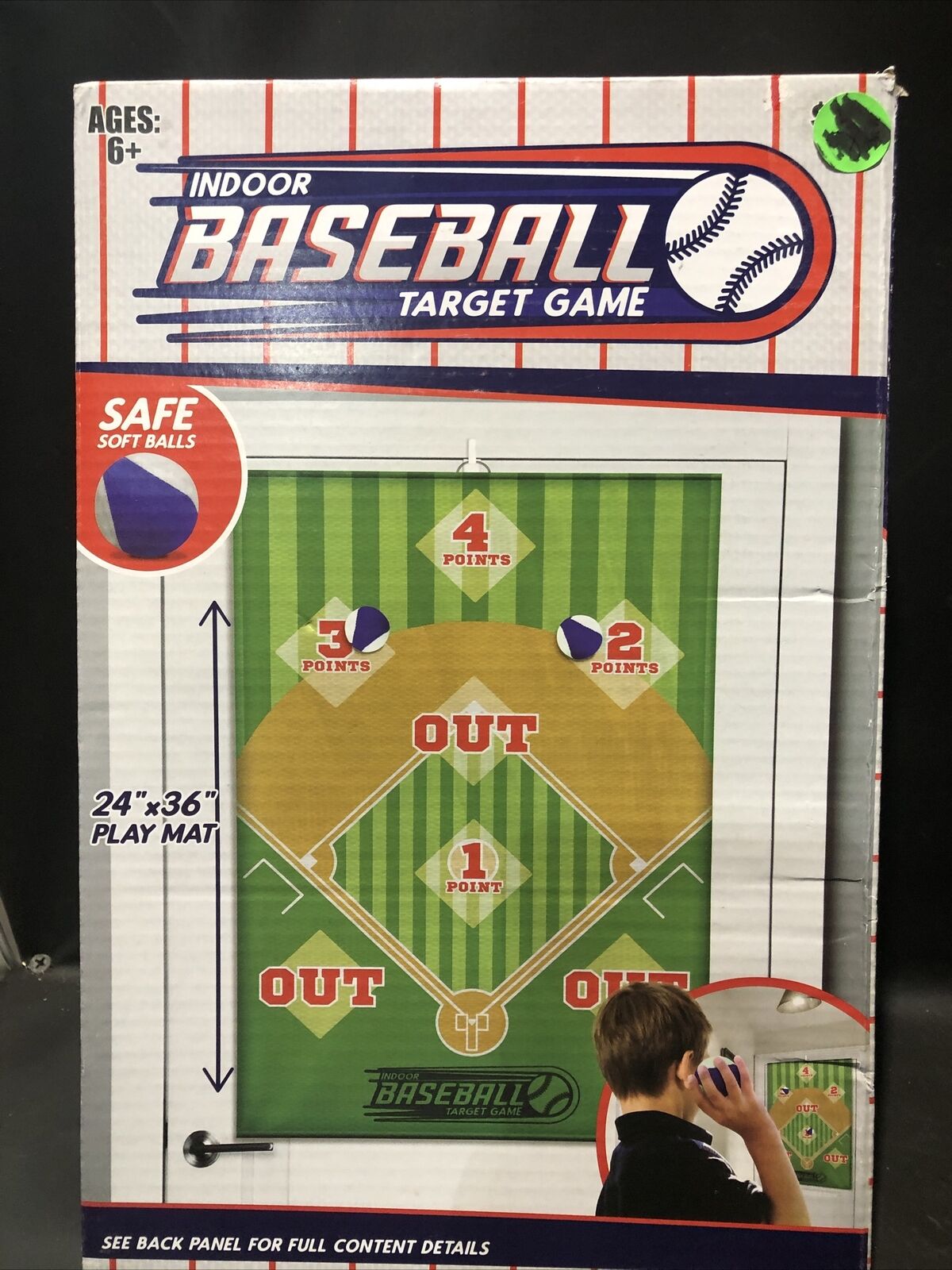 Indoor baseball target game 24” x 36” playmat and three safe sof