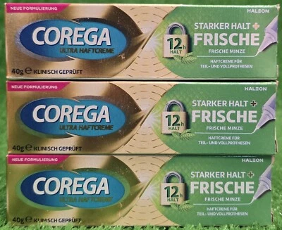 (154,17€/kg) 3x COREGA Ultra Haftcreme starker Halt + FRISCHE Minzgeschmack Ver0