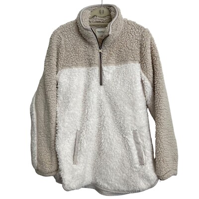 Abercrombie Fitch Sherpa Sweater Womens White Tan Faux Fur Fleece 1/4 Zip  Size M - Main Image