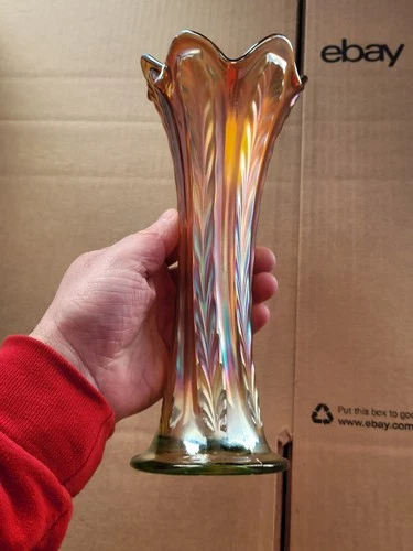 Scarce Lime Green Fenton Carnival Glass  Plume Panels Vase W Pour Spout