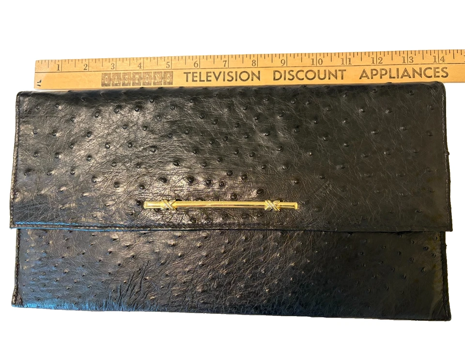 Cartera sin asas Fiorenza de cuero genuino de avestruz negra Italia vintage nueva nunca usada Foto 3 de 4