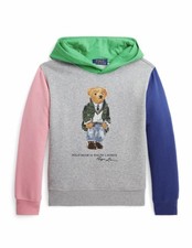 NWT Polo Ralph Lauren Boys Grey Colorblock Polo Bear Graphic Fleece Hoodie Sz L