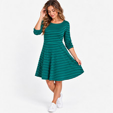 Old Navy Green/Black Striped Fit & Flare Boat Neck 3/4 Sleeve Dress M