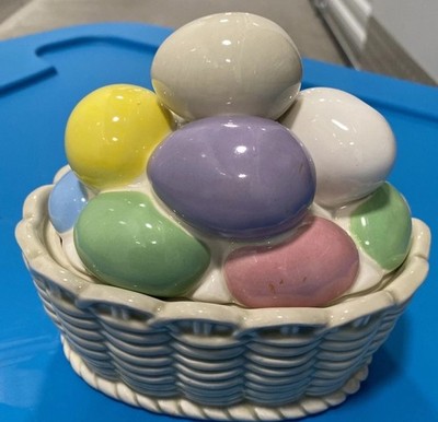 Vtg Armbee Porcelain Easter Egg Trinket Box Colorful Spring Eggs Atop A Basket