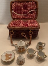 Miniature Delton 9 Piece Tea Set in Lined Wicker Picnic Basket With Teddy Bears